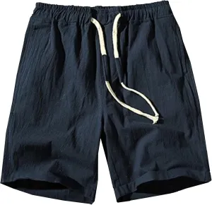 Men Linen Drawstring Beach Classic Short Inseam Linen Elastic Waist Shorts Cotton Elastic Waist Beach Shorts