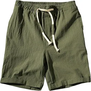 Men Linen Drawstring Beach Classic Short Inseam Linen Elastic Waist Shorts Cotton Elastic Waist Beach Shorts