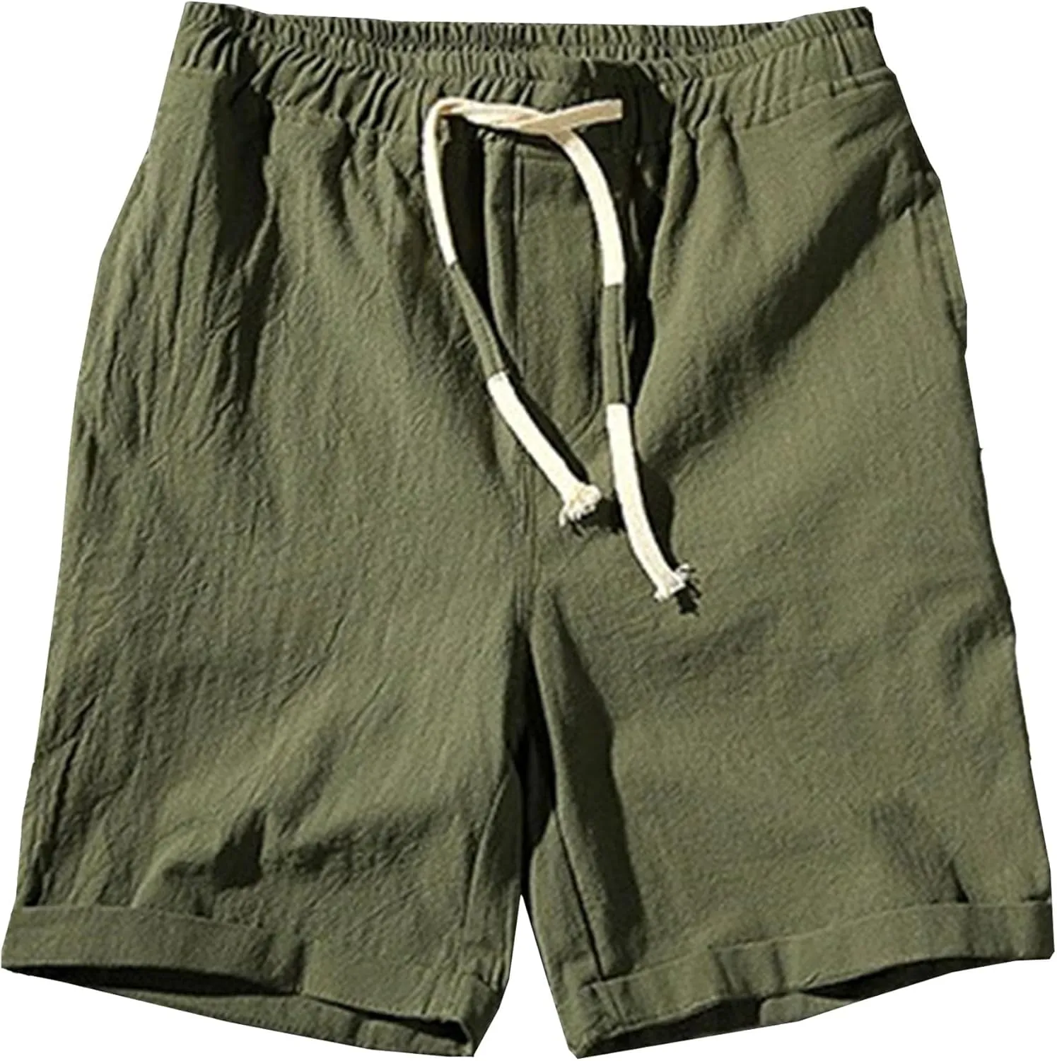 Men Linen Drawstring Beach Classic Short Inseam Linen Elastic Waist Shorts Cotton Elastic Waist Beach Shorts