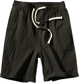 Men Linen Drawstring Beach Classic Short Inseam Linen Elastic Waist Shorts Cotton Elastic Waist Beach Shorts