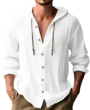 Mens Cotton Linen Hooded Shirts Casual Button Down Shirts Long Sleeve Roll-Up Sleeve Summer Beach Shirts Tops with Hood