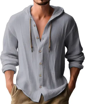 Mens Cotton Linen Hooded Shirts Casual Button Down Shirts Long Sleeve Roll-Up Sleeve Summer Beach Shirts Tops with Hood