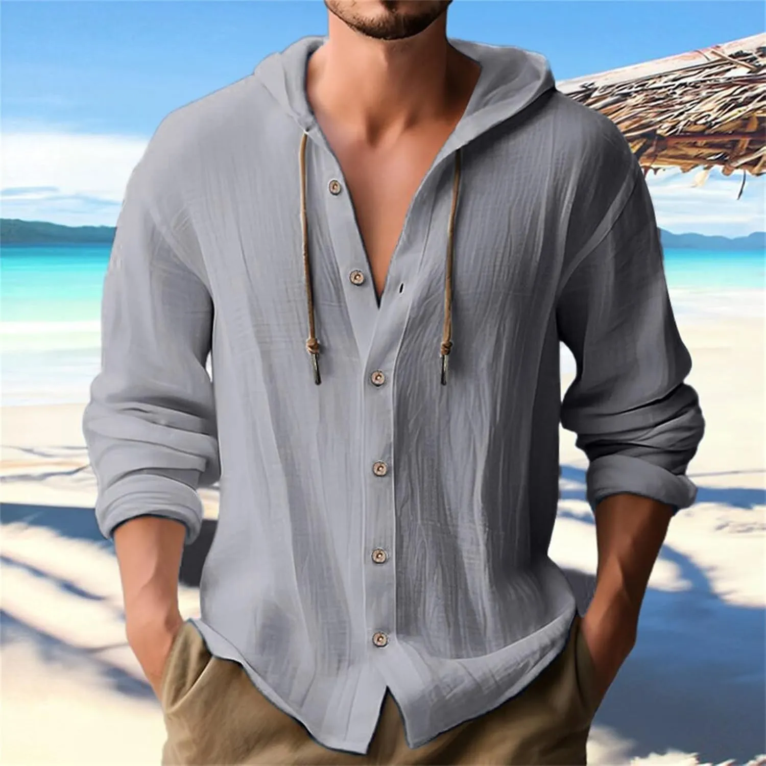 Mens Cotton Linen Hooded Shirts Casual Button Down Shirts Long Sleeve Roll-Up Sleeve Summer Beach Shirts Tops with Hood