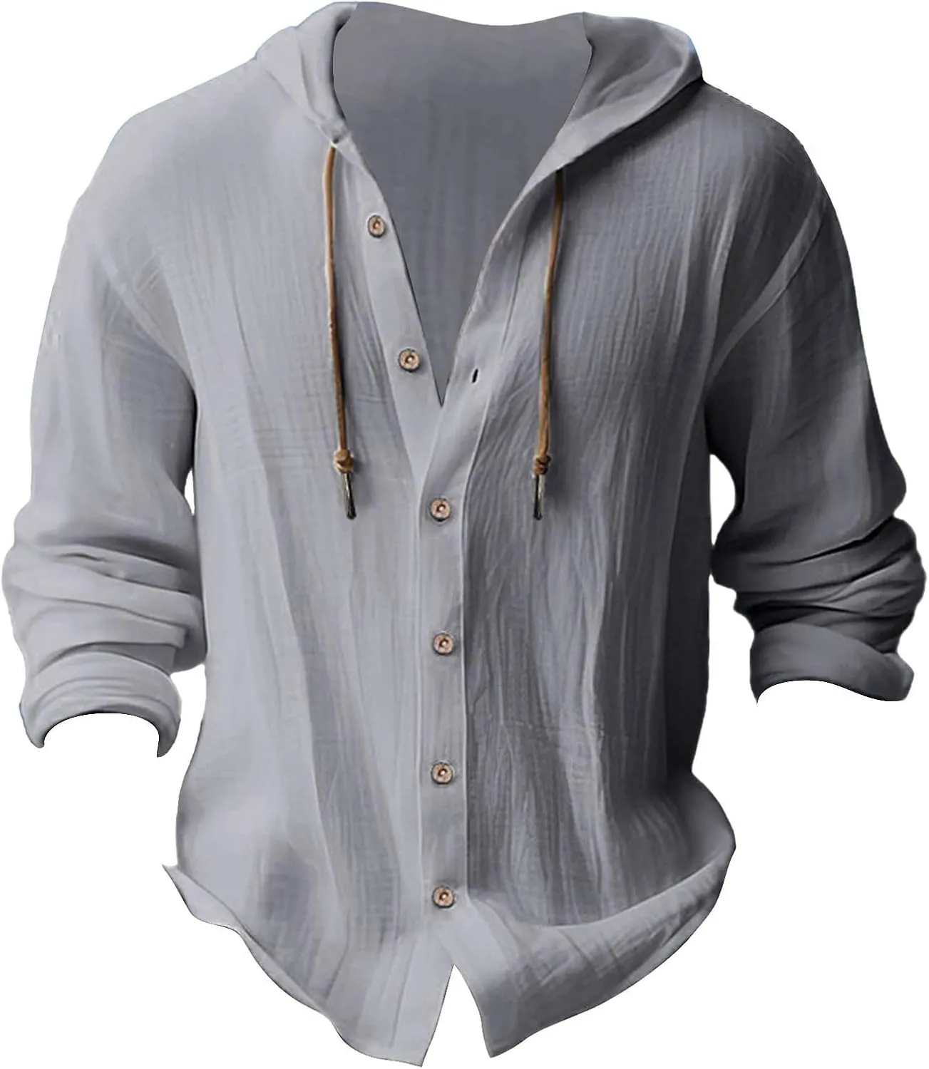 Mens Cotton Linen Hooded Shirts Casual Button Down Shirts Long Sleeve Roll-Up Sleeve Summer Beach Shirts Tops with Hood