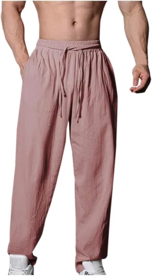 Mens Cotton Linen Workout Pants Comfy Drawstring Waist Trousers Loose Casual Outing Sports Pant Solid Soft Clothes
