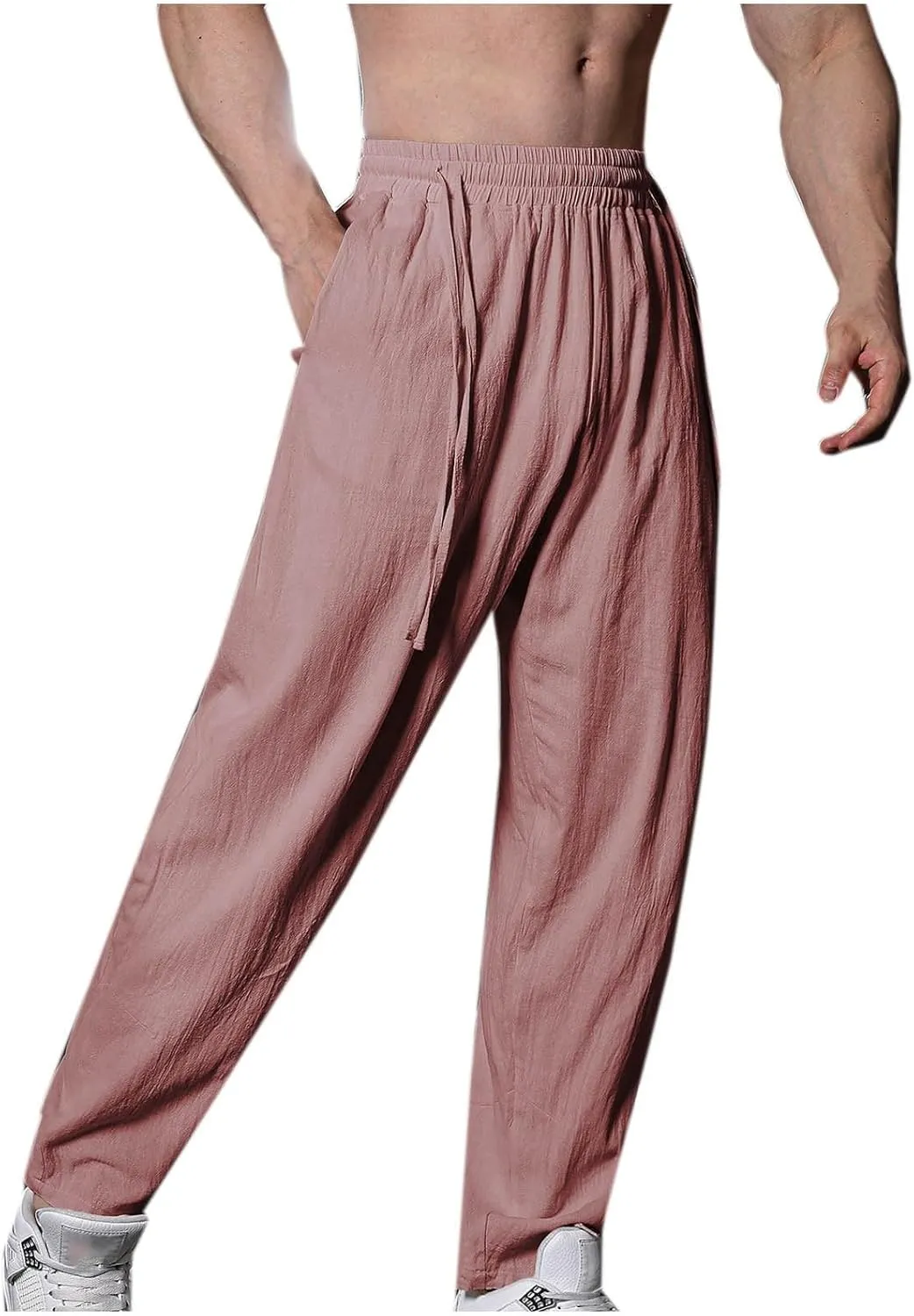 Mens Cotton Linen Workout Pants Comfy Drawstring Waist Trousers Loose Casual Outing Sports Pant Solid Soft Clothes