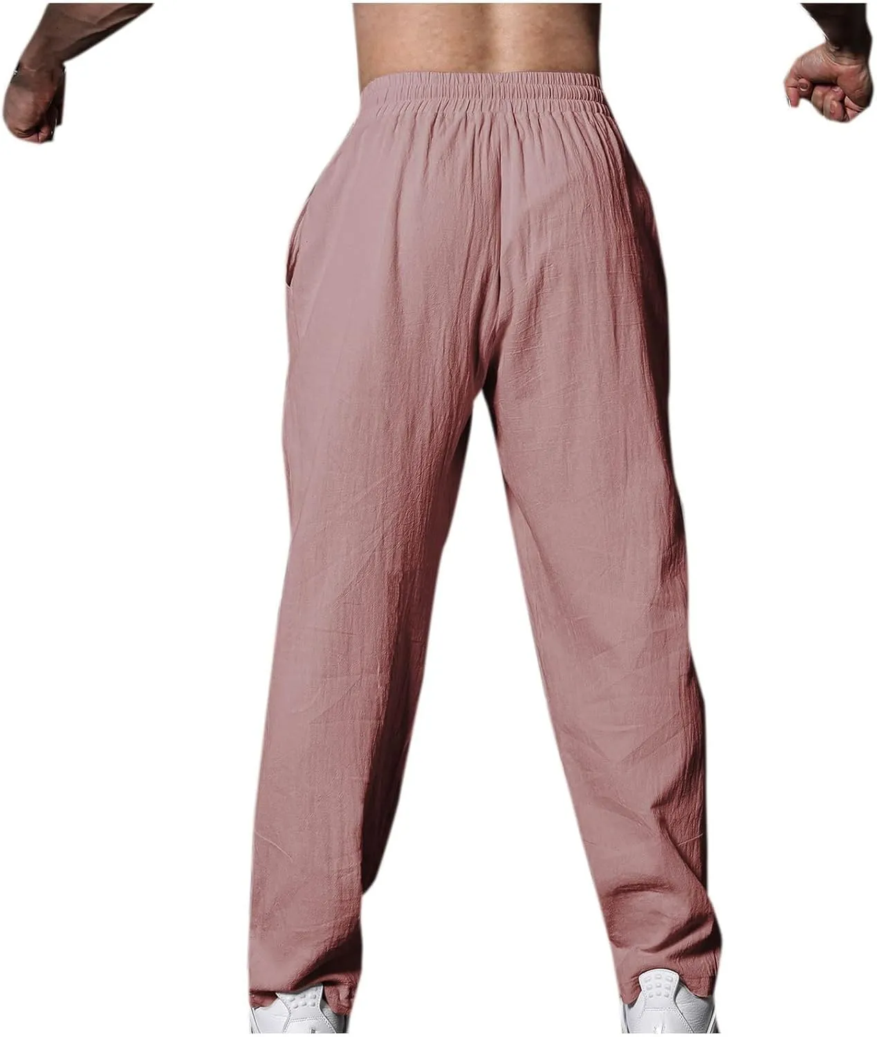 Mens Cotton Linen Workout Pants Comfy Drawstring Waist Trousers Loose Casual Outing Sports Pant Solid Soft Clothes