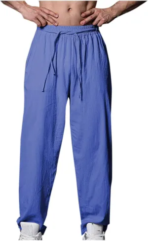 Mens Cotton Linen Workout Pants Comfy Drawstring Waist Trousers Loose Casual Outing Sports Pant Solid Soft Clothes