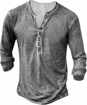 Mens Distressed Henley Shirts Front Placket Retro Long Sleeve Tee Shirts Casual Button Down Washed T-Shirts for Men