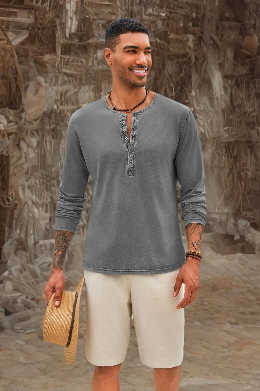Mens Distressed Henley Shirts Front Placket Retro Long Sleeve Tee Shirts Casual Button Down Washed T-Shirts for Men