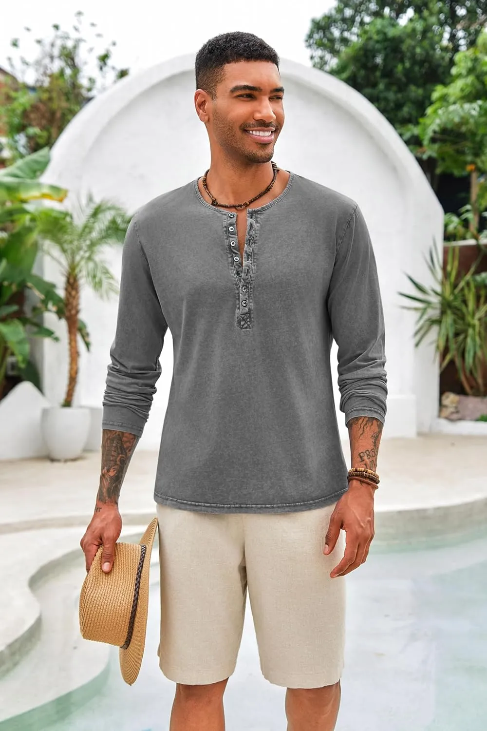 Mens Distressed Henley Shirts Front Placket Retro Long Sleeve Tee Shirts Casual Button Down Washed T-Shirts for Men