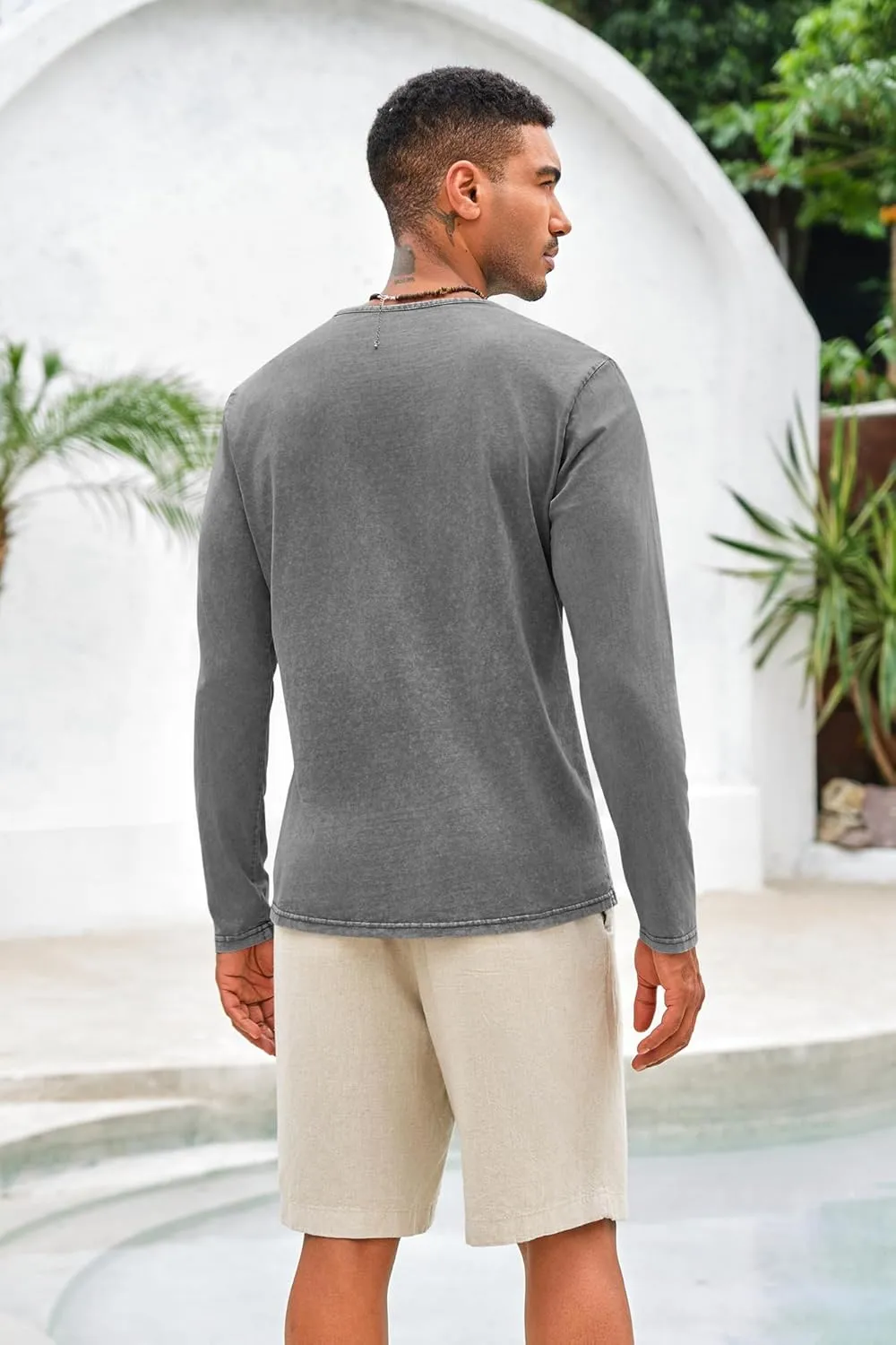 Mens Distressed Henley Shirts Front Placket Retro Long Sleeve Tee Shirts Casual Button Down Washed T-Shirts for Men