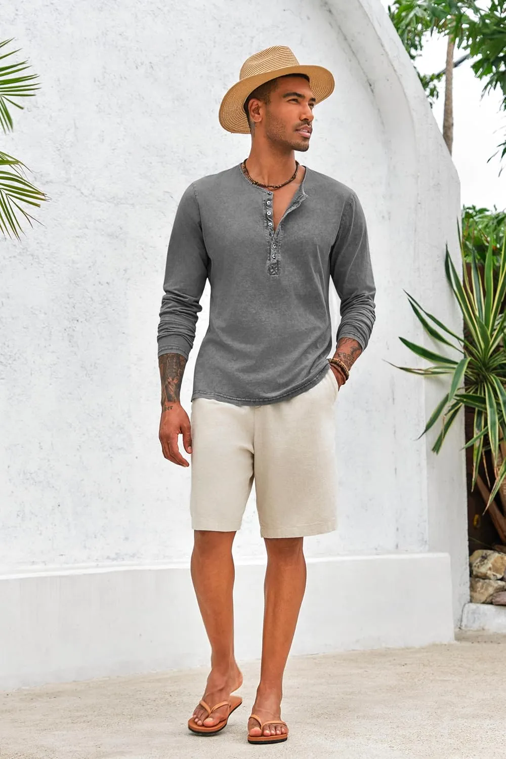Mens Distressed Henley Shirts Front Placket Retro Long Sleeve Tee Shirts Casual Button Down Washed T-Shirts for Men