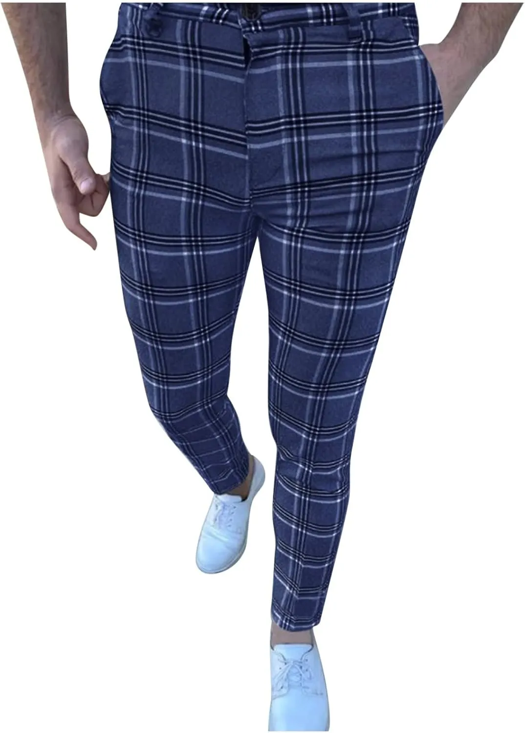 Mens Fashion Plaid Chinos Slim Fit Stretchy Flat-Front Skinny Dress Pencil Pants for Casual Business Golf Work