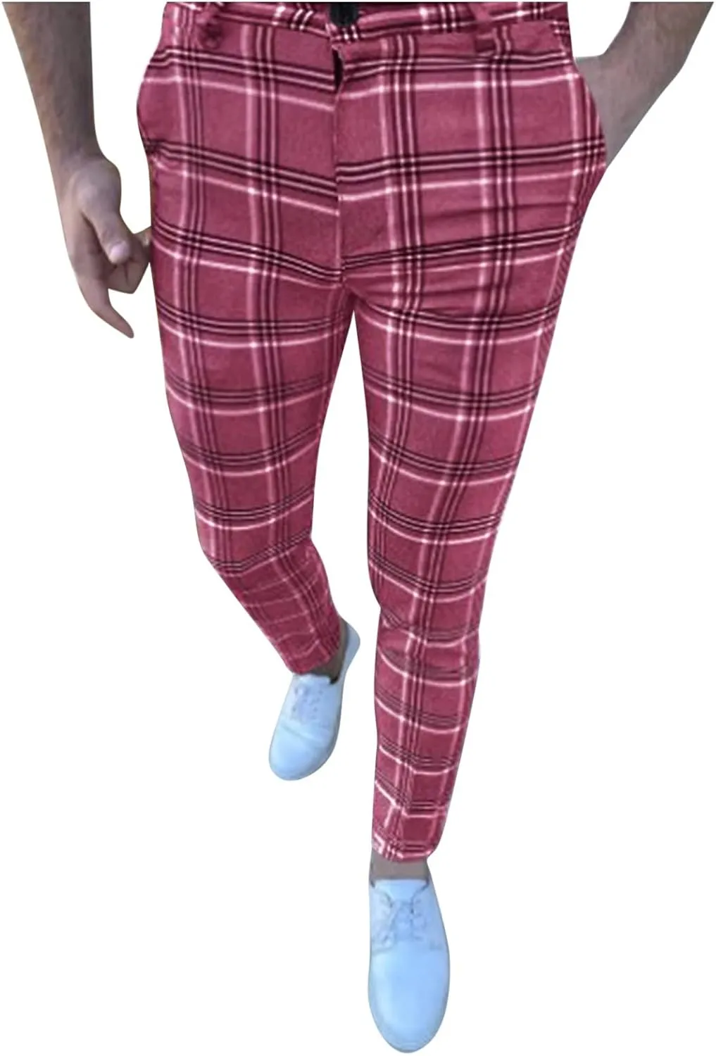 Mens Fashion Plaid Chinos Slim Fit Stretchy Flat-Front Skinny Dress Pencil Pants for Casual Business Golf Work