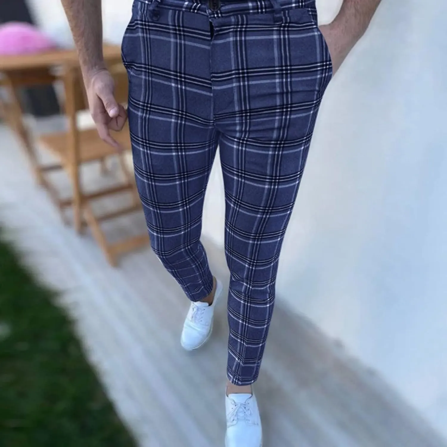 Mens Fashion Plaid Chinos Slim Fit Stretchy Flat-Front Skinny Dress Pencil Pants for Casual Business Golf Work