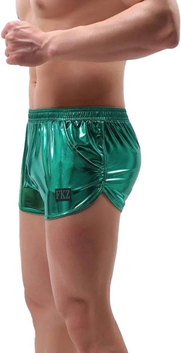 Mens Faux Leather Underwear Wetlook Tight Boxer Briefs Low Rise Underpants Side Split Bikini Swimsuit Sports Shorts
