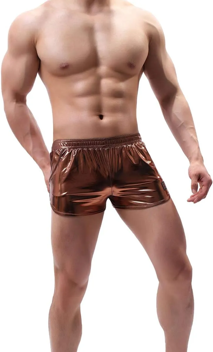 Mens Faux Leather Underwear Wetlook Tight Boxer Briefs Low Rise Underpants Side Split Bikini Swimsuit Sports Shorts
