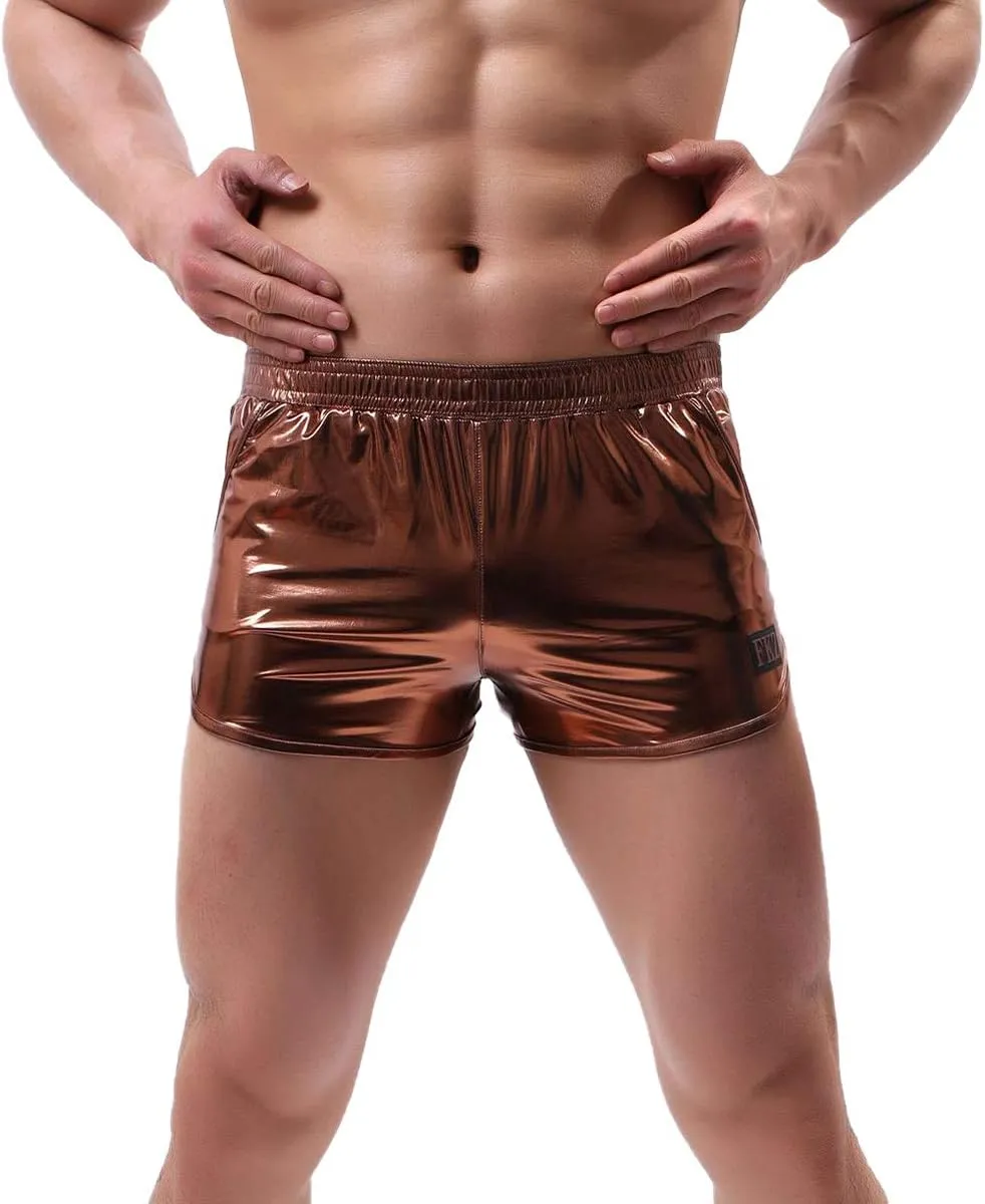 Mens Faux Leather Underwear Wetlook Tight Boxer Briefs Low Rise Underpants Side Split Bikini Swimsuit Sports Shorts