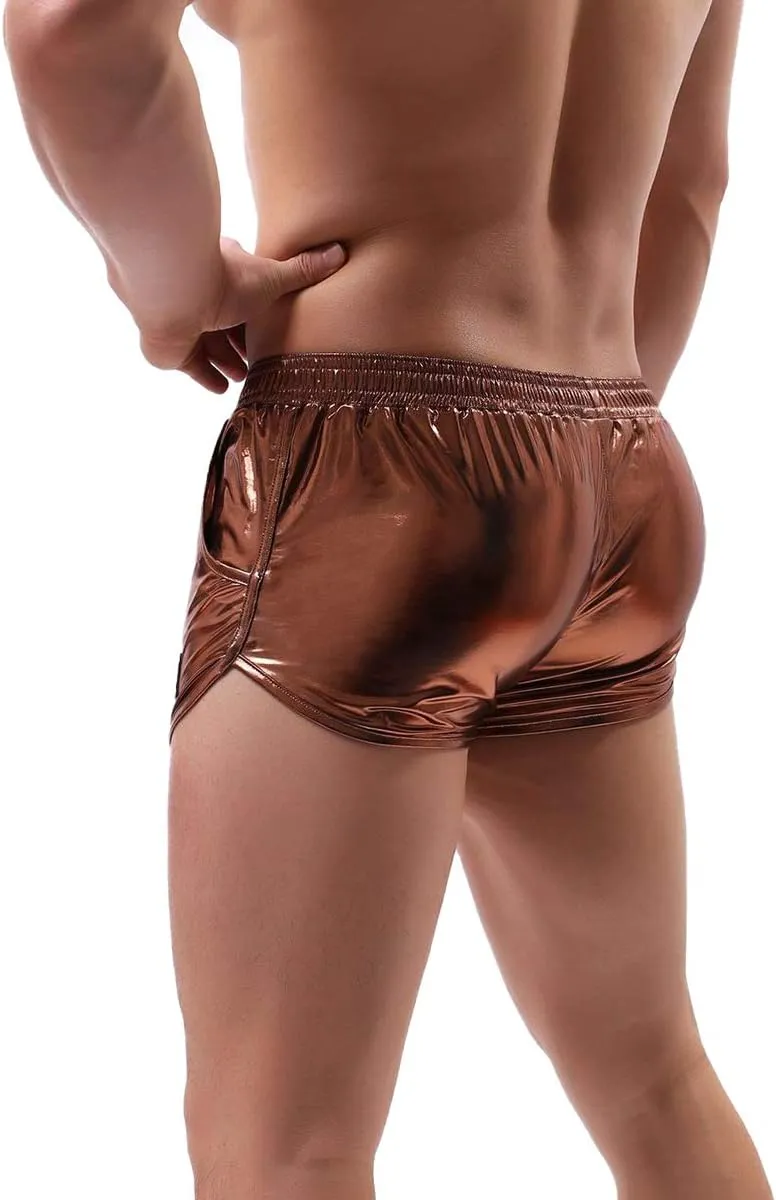 Mens Faux Leather Underwear Wetlook Tight Boxer Briefs Low Rise Underpants Side Split Bikini Swimsuit Sports Shorts