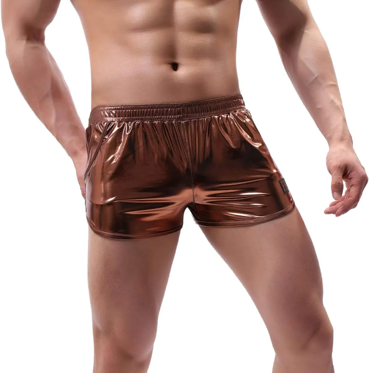 Mens Faux Leather Underwear Wetlook Tight Boxer Briefs Low Rise Underpants Side Split Bikini Swimsuit Sports Shorts