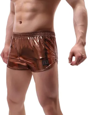 Mens Faux Leather Underwear Wetlook Tight Boxer Briefs Low Rise Underpants Side Split Bikini Swimsuit Sports Shorts