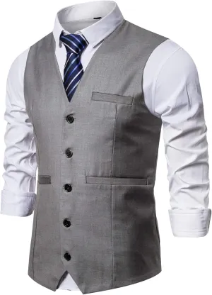 Mens Formal Business Suit Vests 5 Buttons Regular Fit Waistcoat for Suit or Tuxedo