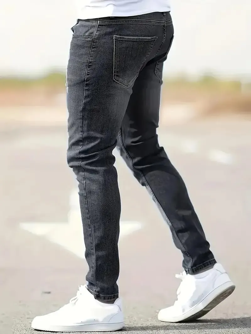 Mens Jeans Stretch Destroyed Ripped Skinny Jeans Slim Fit Denim Pants Comfort Fashion Tapered Pants Boyfriend Gift