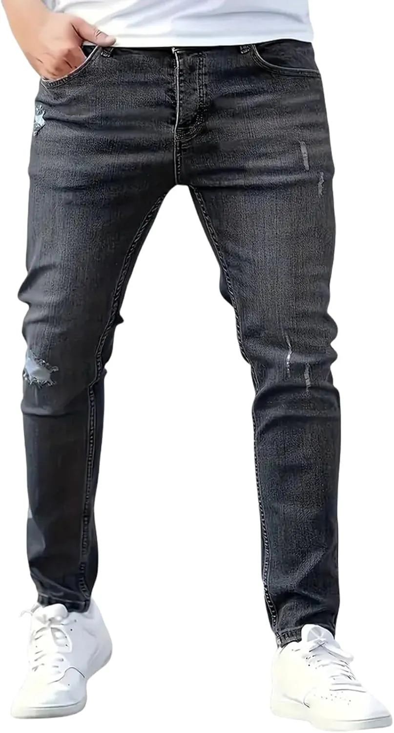 Mens Jeans Stretch Destroyed Ripped Skinny Jeans Slim Fit Denim Pants Comfort Fashion Tapered Pants Boyfriend Gift