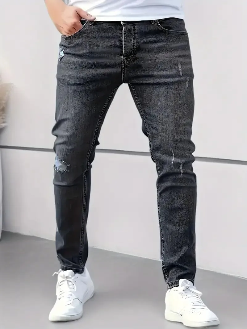 Mens Jeans Stretch Destroyed Ripped Skinny Jeans Slim Fit Denim Pants Comfort Fashion Tapered Pants Boyfriend Gift