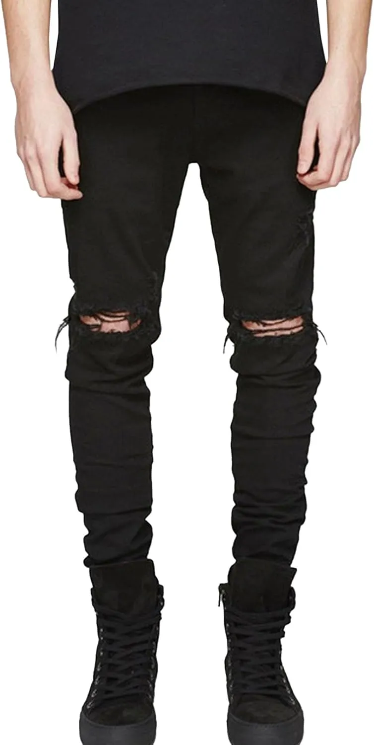 Men's Knee Hole Trendy Denim Pants Casual Distressed Tapered Leg Leggings Slim Fit Ripped Skinny Jeans