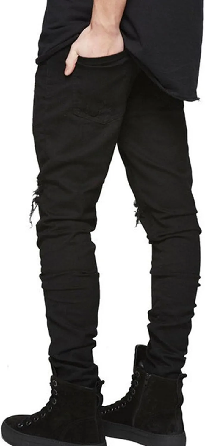 Men's Knee Hole Trendy Denim Pants Casual Distressed Tapered Leg Leggings Slim Fit Ripped Skinny Jeans