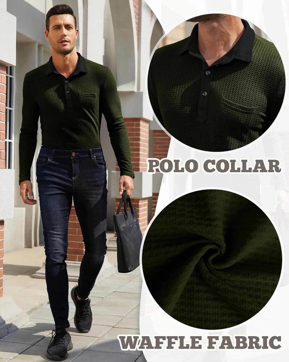 Men's Knit Long Sleeve Polo Shirts Casual Shirts Lightweight Waffle Texture Slim Fit Polo Shirts for Men with Pocket