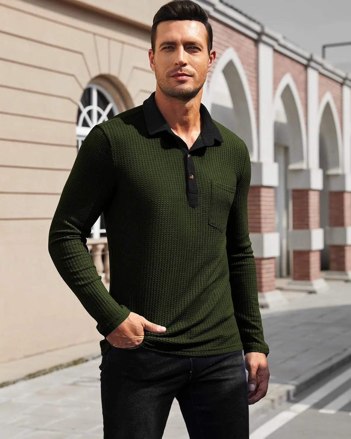 Men's Knit Long Sleeve Polo Shirts Casual Shirts Lightweight Waffle Texture Slim Fit Polo Shirts for Men with Pocket