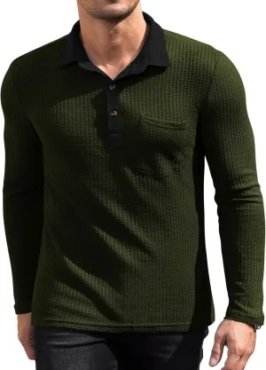 Men's Knit Long Sleeve Polo Shirts Casual Shirts Lightweight Waffle Texture Slim Fit Polo Shirts for Men with Pocket