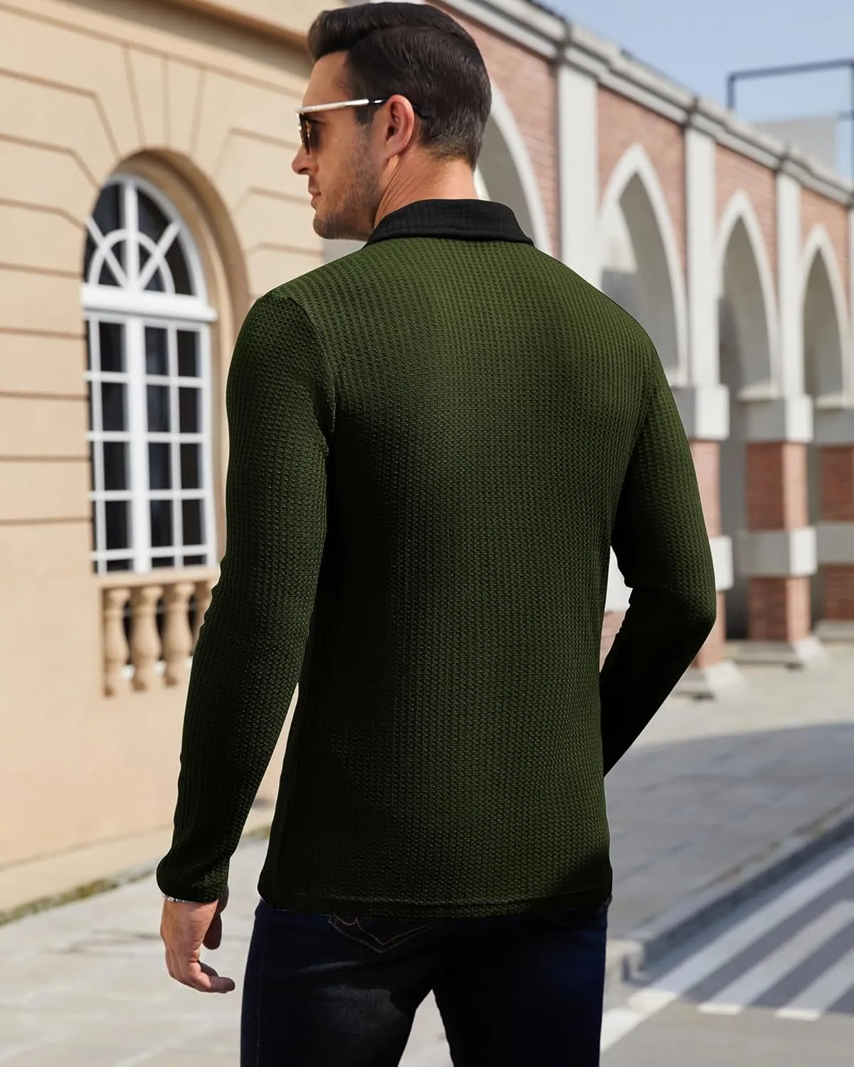 Men's Knit Long Sleeve Polo Shirts Casual Shirts Lightweight Waffle Texture Slim Fit Polo Shirts for Men with Pocket
