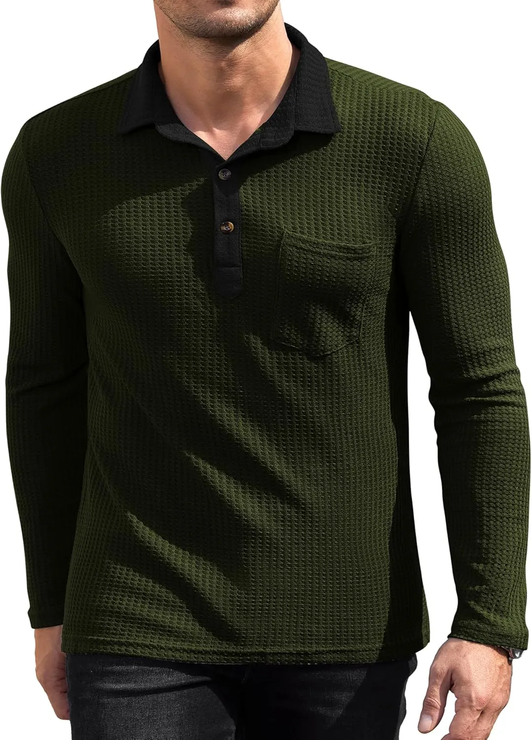 Men's Knit Long Sleeve Polo Shirts Casual Shirts Lightweight Waffle Texture Slim Fit Polo Shirts for Men with Pocket