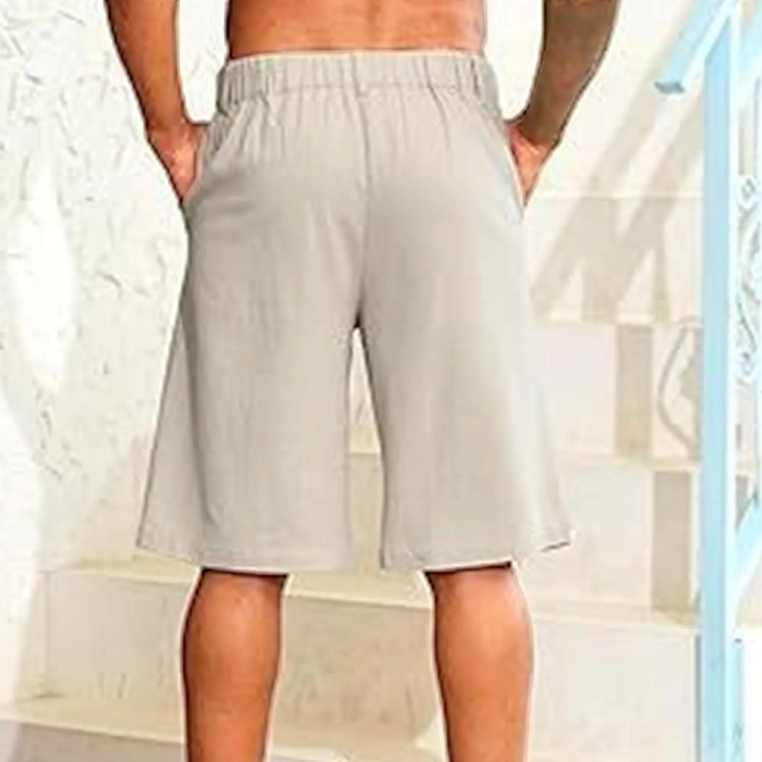 Men's Linen Breasted Button Shorts Elastic Waistband Slim Fit Beach Shorts Casual Breathable Golf Short