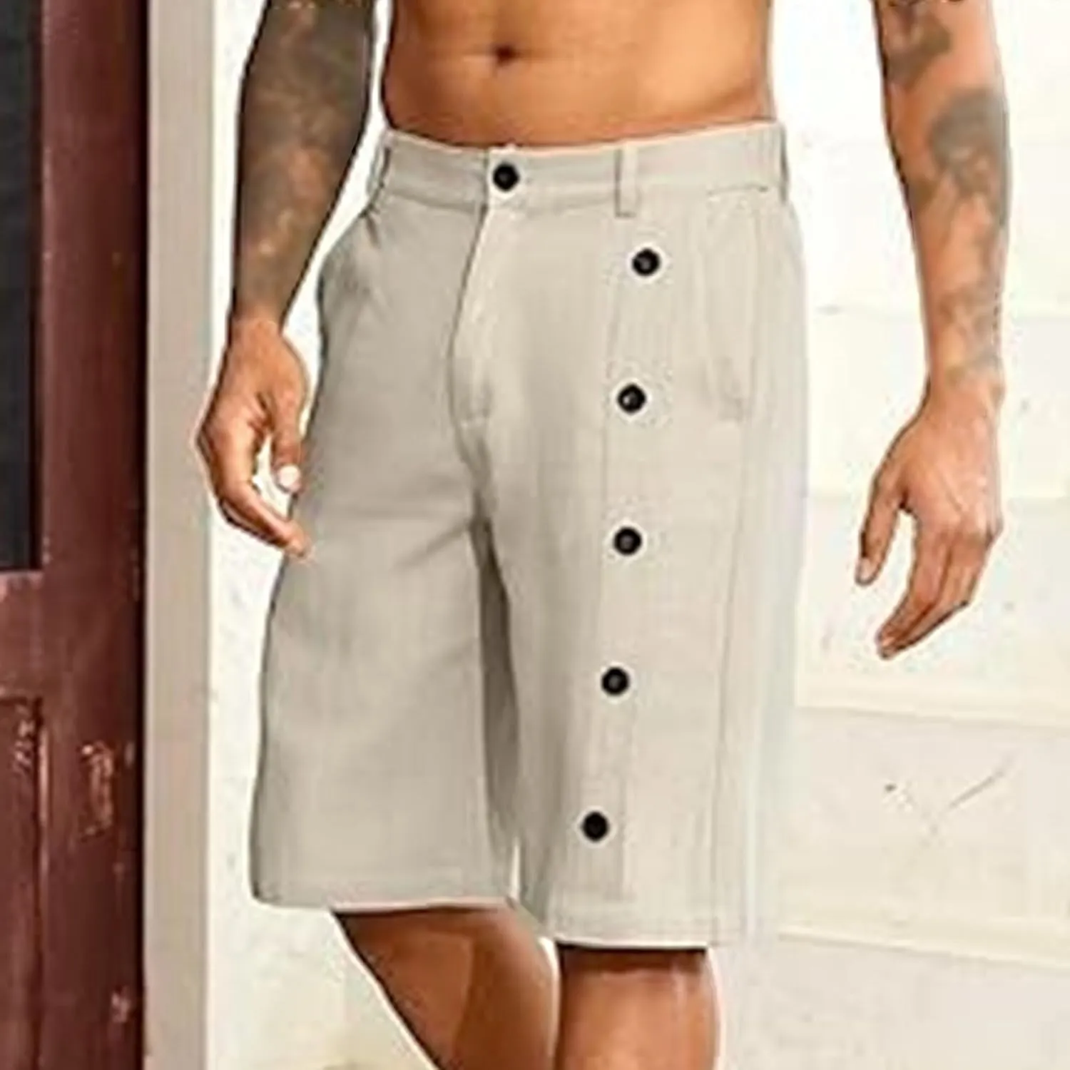 Men's Linen Breasted Button Shorts Elastic Waistband Slim Fit Beach Shorts Casual Breathable Golf Short
