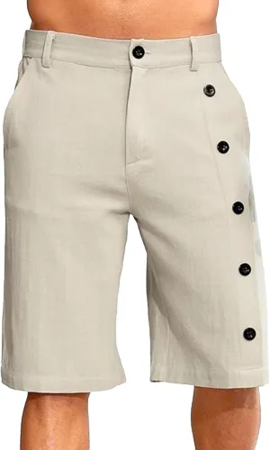 Men's Linen Breasted Button Shorts Elastic Waistband Slim Fit Beach Shorts Casual Breathable Golf Short