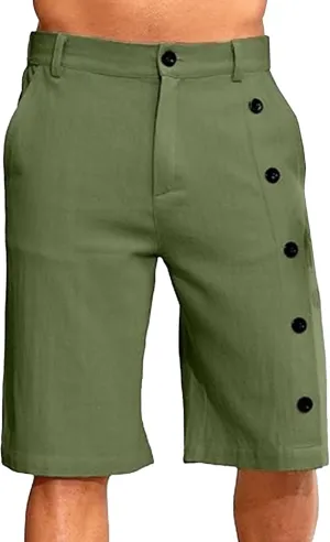 Men's Linen Breasted Button Shorts Elastic Waistband Slim Fit Beach Shorts Casual Breathable Golf Short
