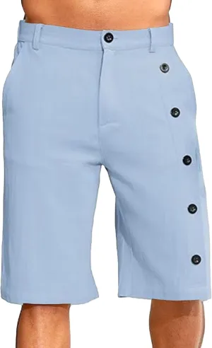 Men's Linen Breasted Button Shorts Elastic Waistband Slim Fit Beach Shorts Casual Breathable Golf Short