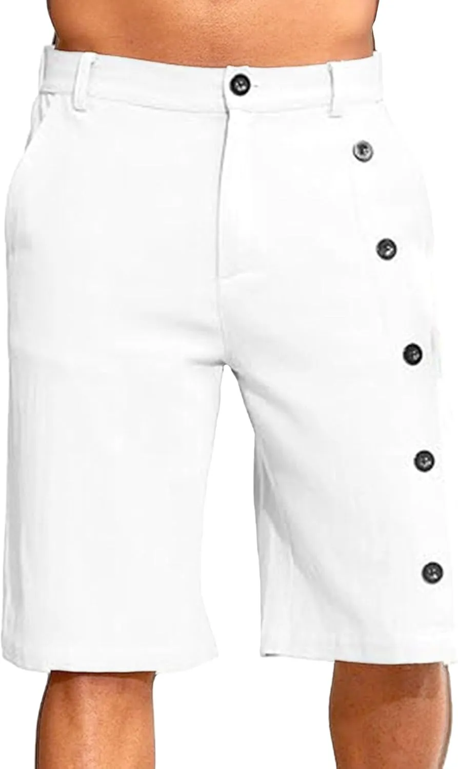 Men's Linen Breasted Button Shorts Elastic Waistband Slim Fit Beach Shorts Casual Breathable Golf Short