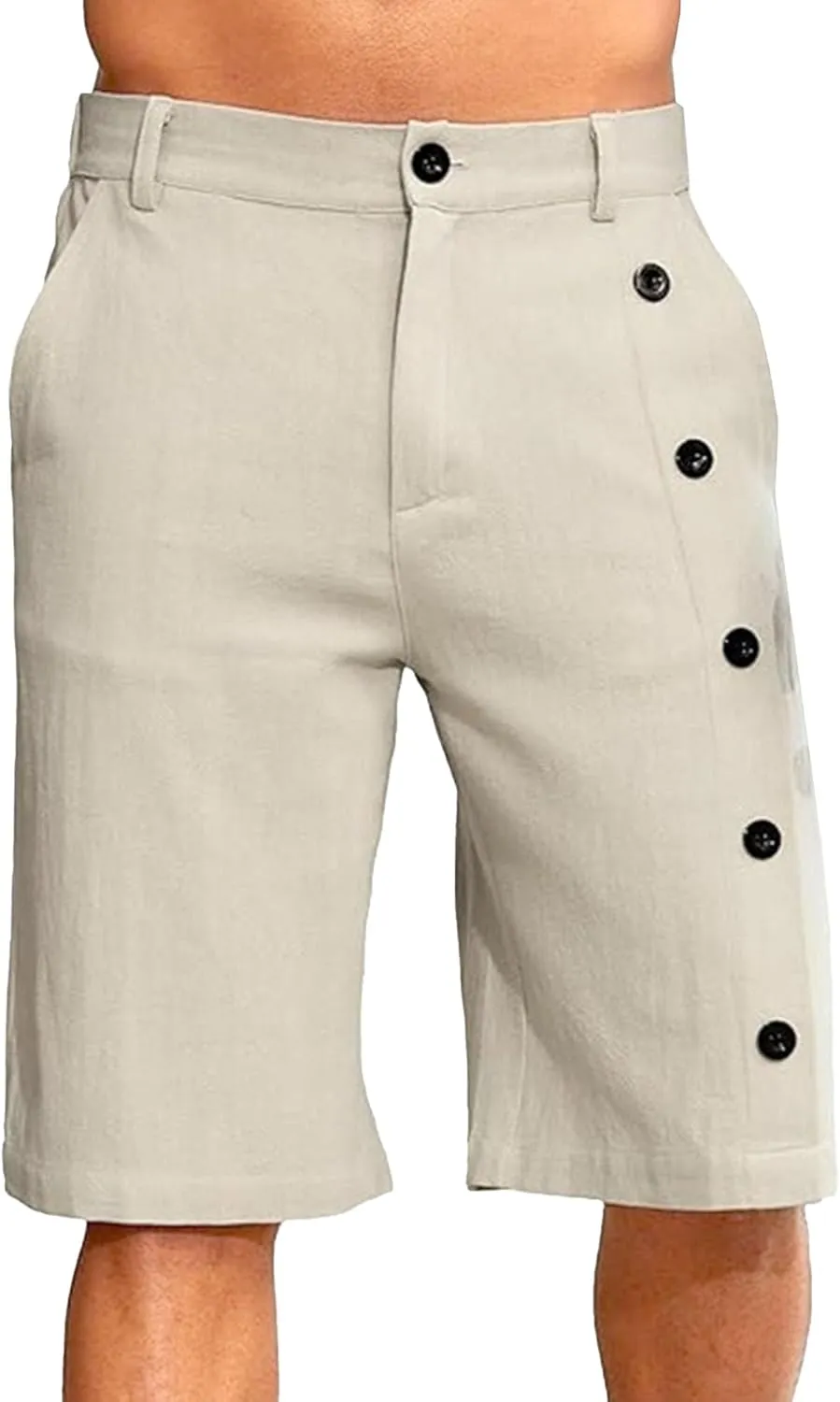 Men's Linen Breasted Button Shorts Elastic Waistband Slim Fit Beach Shorts Casual Breathable Golf Short