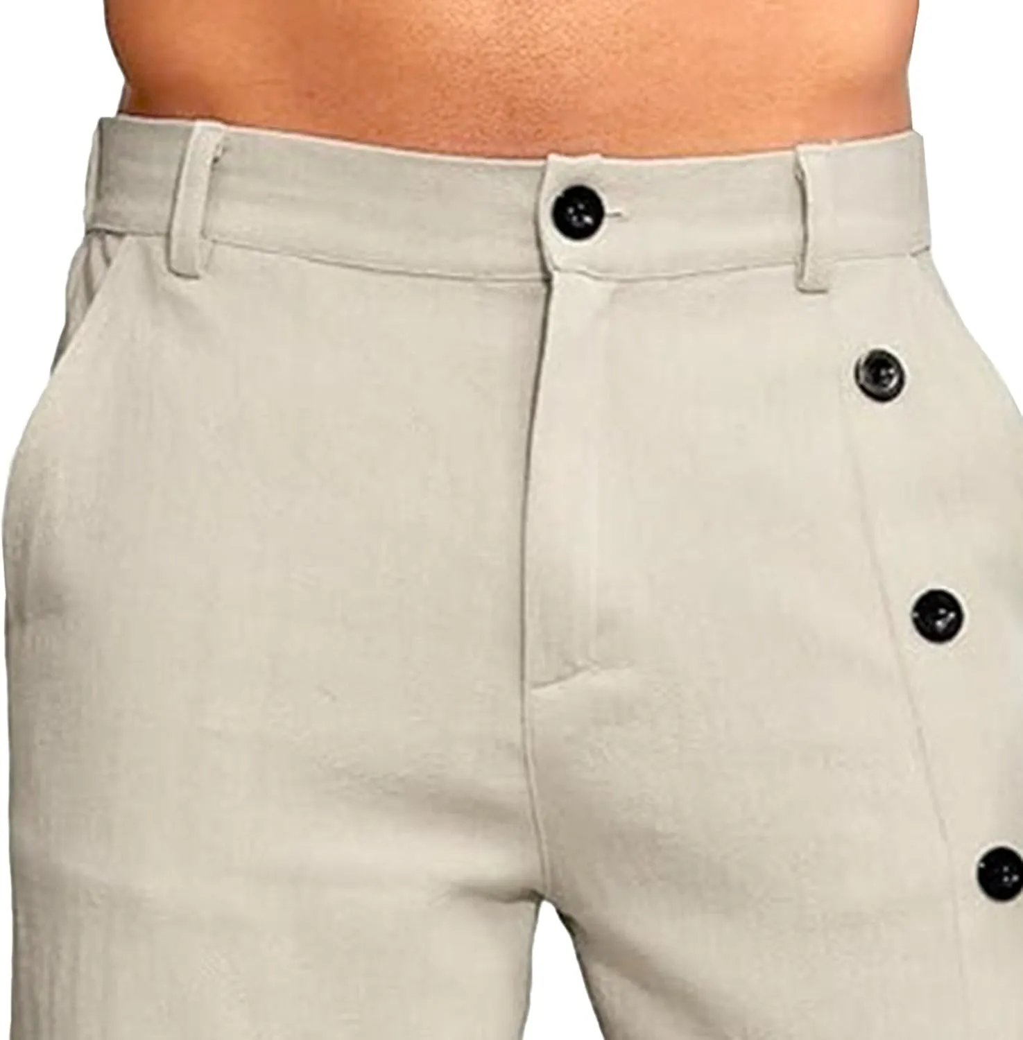 Men's Linen Breasted Button Shorts Elastic Waistband Slim Fit Beach Shorts Casual Breathable Golf Short