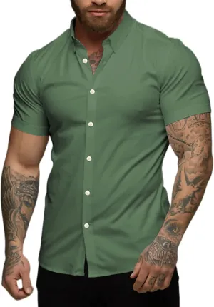 Men's Muscle Fit Dress Shirts Slim Fit Button Down Short Sleeve Shirts