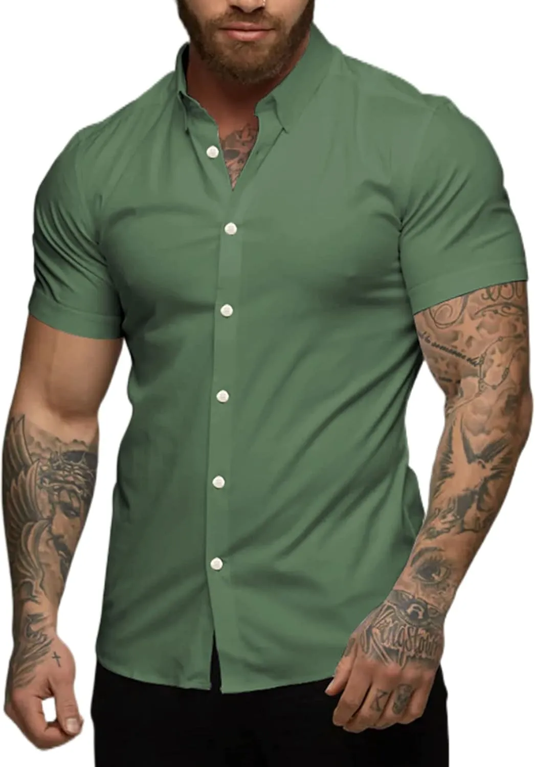 Men's Muscle Fit Dress Shirts Slim Fit Button Down Short Sleeve Shirts