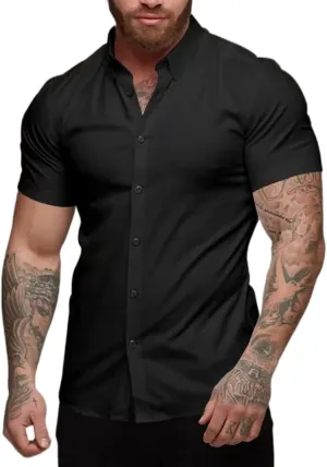 Men's Muscle Fit Dress Shirts Slim Fit Button Down Short Sleeve Shirts