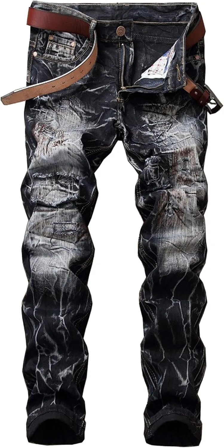 Men's Patched Slim Fit Biker Moto Jeans Fashion Straight Leg Streetwear Denim Pants Casual Washed Skinny Jeans
