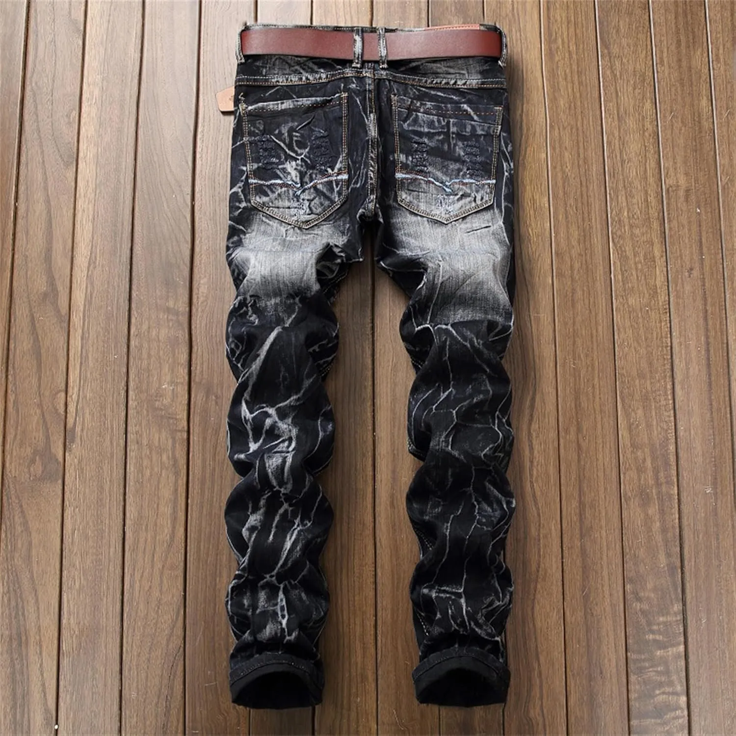 Men's Patched Slim Fit Biker Moto Jeans Fashion Straight Leg Streetwear Denim Pants Casual Washed Skinny Jeans